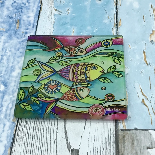 Family Outing - Fish painting on a toughened glass coaster